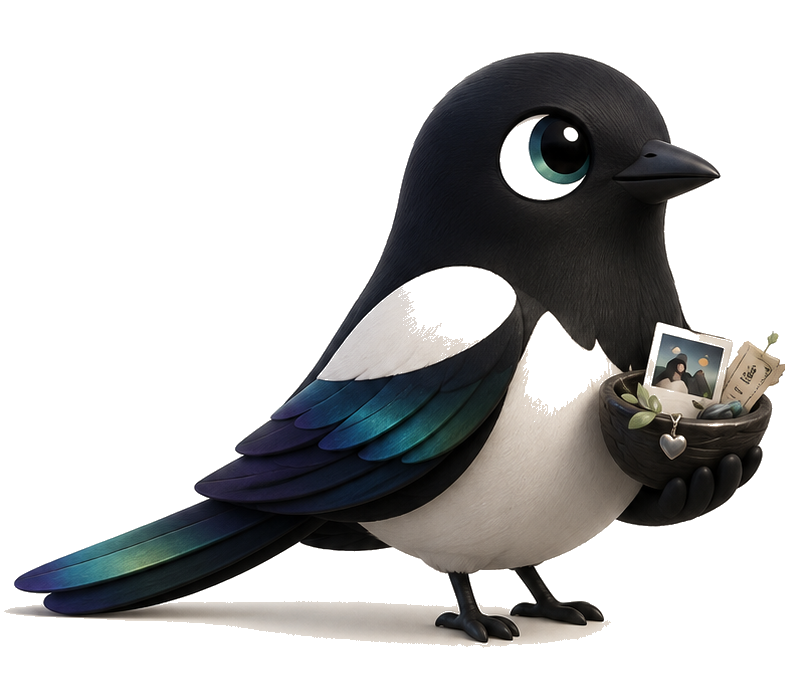 Magpie mascot holding a nest of saved moments